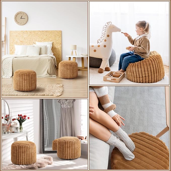 Teenyyou 2 Pcs 20 x 15 Inch Unstuffed Pouf Cover Ottoman Foot Rest - No Filler, Faux Rabbit Fur Foot Stool Floor Bean Bag Floor Chair Storage for Living Room Bedroom Home Decor(Brown)