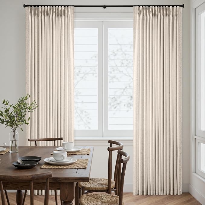 Memory Trained Pinch Pleated Curtains 84 Inches Long, Viral Linen Pinch Pleat Sheer Curtains with Ring Hooks&Clips for Track System Living Room, Warm Beige Light Filtering Privacy Curtain 2 Panel Set