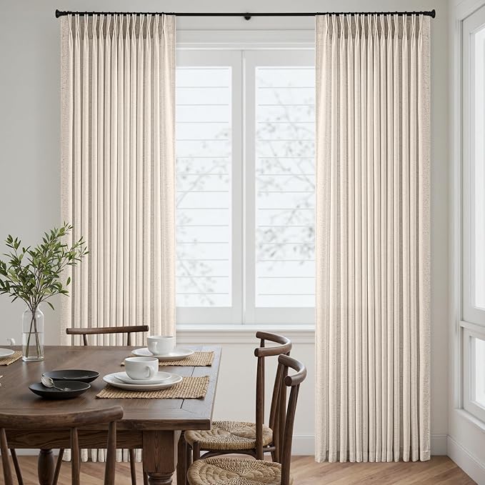 Memory Trained Pinch Pleated Curtains 108 Inches Long, Viral Linen Pinch Pleat Sheer Curtains with Ring Hooks&Clips for Track System Living Room, Warm Beige Light Filtering Privacy Curtain 2 Panel Set
