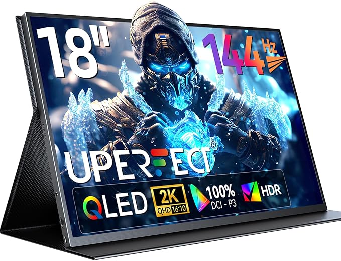 UPERFECT 18" QLED Portable Monitor, 2K 2560×1600, 144Hz Gaming Display, 400 Nits Brightness, FreeSync HDR, 100% DCI-P3, Ultra-Slim USB-C/HDMI Monitor for Laptop MacBook Phone Game Console, VESA Mount