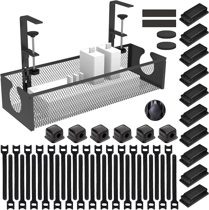 Under Desk Cable Management Tray, No Drill Steel Cord Organizer Kit with 52Pcs Different Essential Accessories for Home Office Standing Desk (13.4inch, Black)