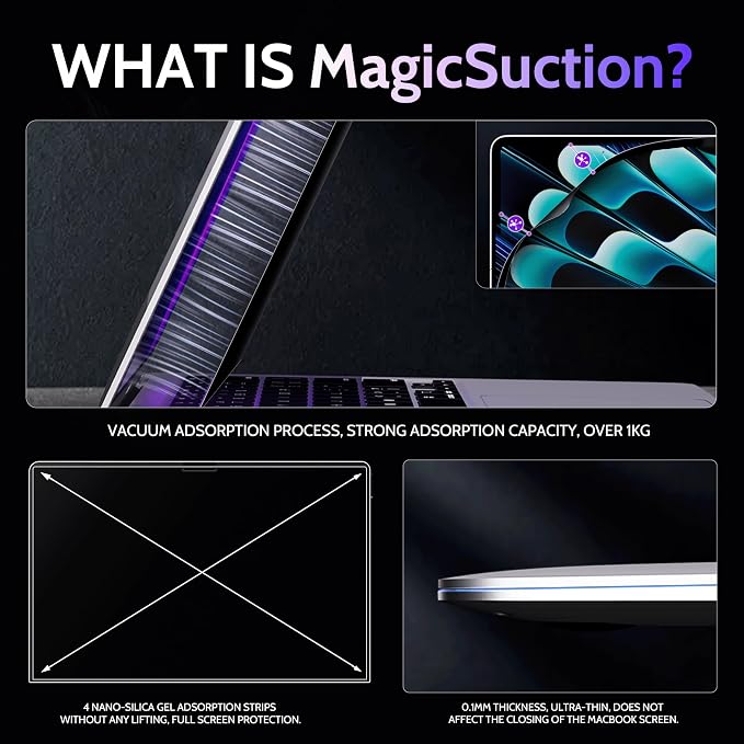 Peslv Privacy Screen for MacBook Pro 16 Inch (2021-2026, M1, M2, M3, M4, M5), MagicSuction™ Removable Anti Spy Black Protector, Glare Blue Light Filter for Mac Laptop Computer