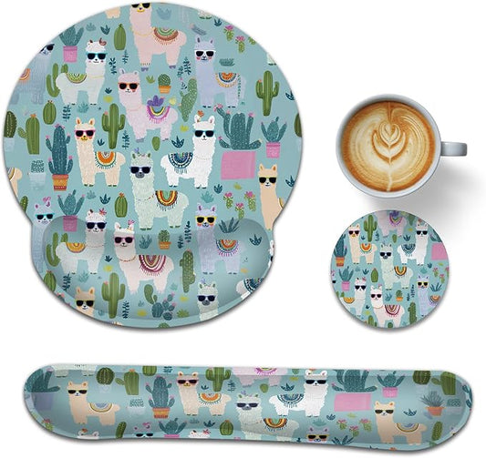 Cute Alpacas Ergonomic Keyboard and Mouse Wrist Rest Set, Cacti Mouse Pad with Non Slip Base, Soft Cloth Surface for Office and Home Typing Support