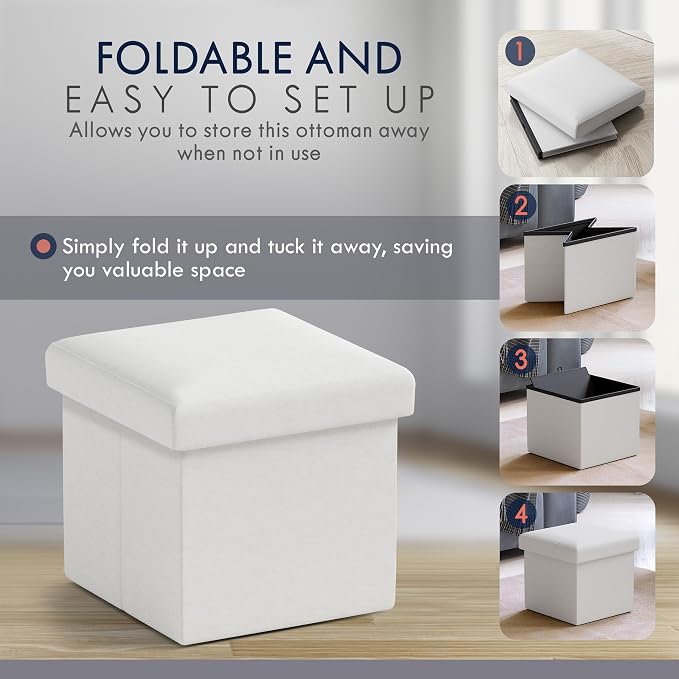 Ornavo Home Small Storage Ottoman, Set of 2 Foldable Collapsible Cube Square Linen Ottoman Foot Rest Stool Seat, for Living Room, Bedroom, Home Office, Dorm - 12 x 12 x 12, White
