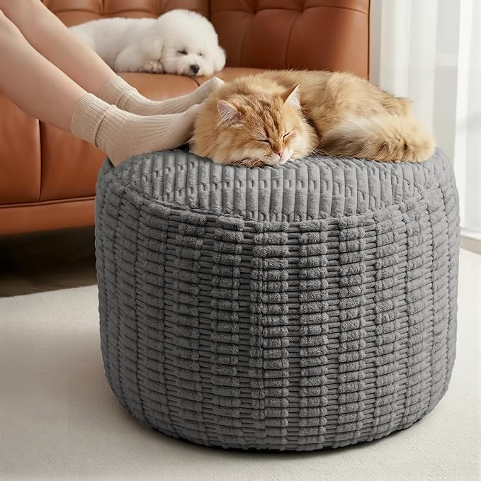 Round Pouf Ottoman Stuffed Corduroy Poufs Foot Rest with Foam Filling Fluffy Pouf Storage Foot Stools Ottoman Rest for Living Room Couch 20 X 15 Inches, Grey