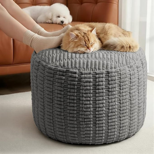 Round Pouf Ottoman Stuffed Corduroy Poufs Foot Rest with Foam Filling Fluffy Pouf Storage Foot Stools Ottoman Rest for Living Room Couch 20 X 15 Inches, Grey