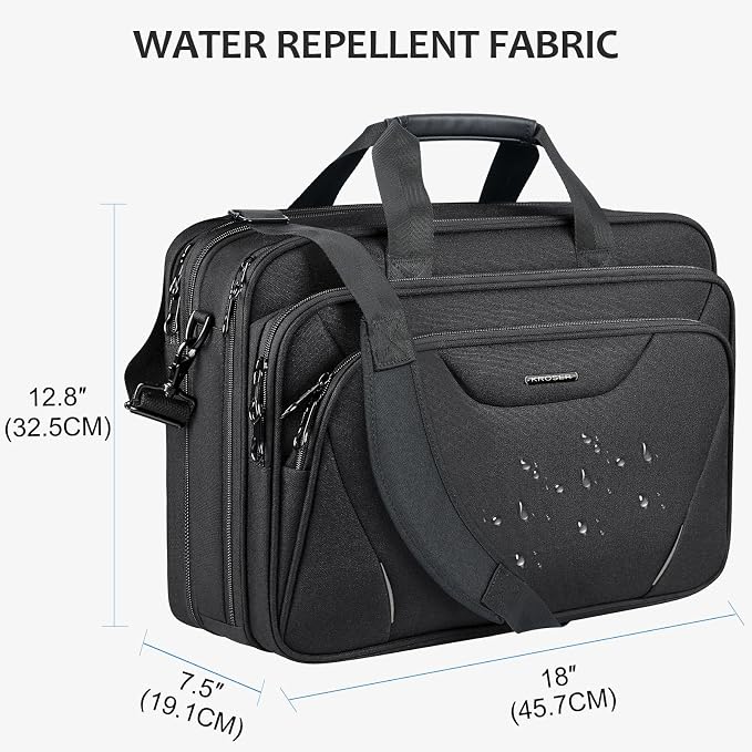 KROSER Laptop Bag Premium Laptop Briefcase Fits Up to 17.3 Inch Laptop Expandable Water-Repellent Shoulder Messenger Bag Computer Bag for Travel/Business/Men/Women-Black/Grey