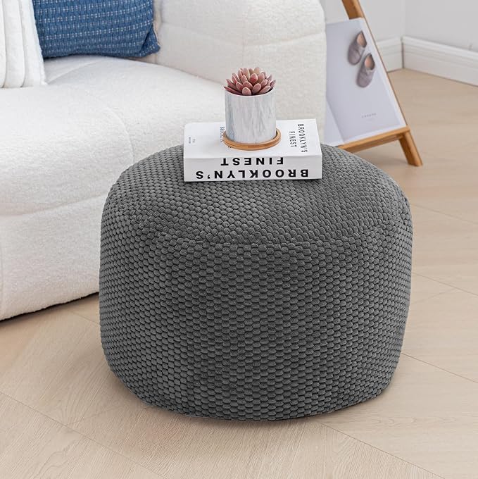Poofieotto Pouf Ottoman Stuffed High Density Filler Velvet Floor Pouf Round Foot Stool 20 * 12 Inches Ottoman Foot Rest for Living Room, Home Decor (Dark Gray)