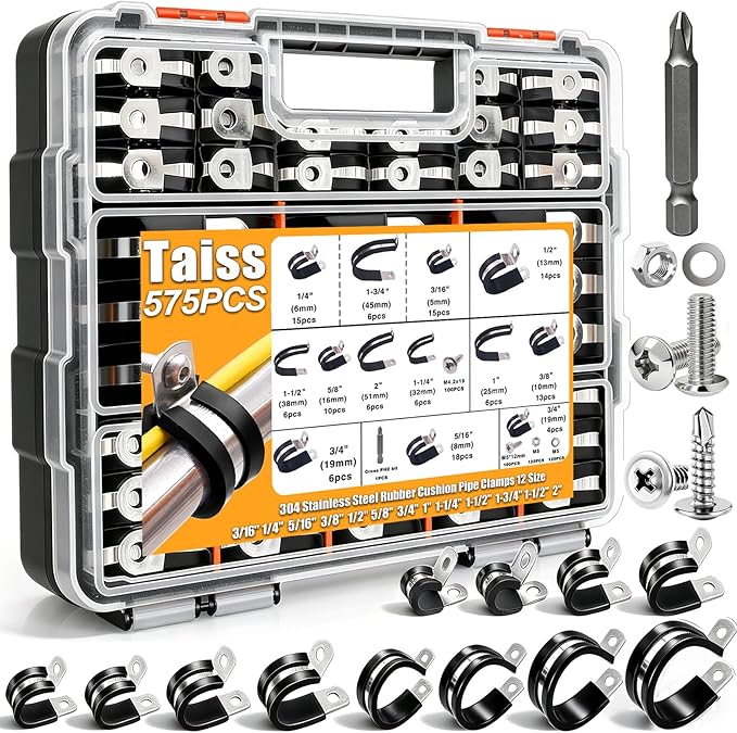 Taiss 575PCS Cable Clamps Assortment Kit 304 Stainless Steel Rubber Cushion Pipe Clamps 12 Sizes P Clamp 3/16"1/4"5/16" 3/8"1/2"5/8"3/4"1"1-1/4"1-1/2"1-3/4"2" Wire Clamp With screws and washer & bit