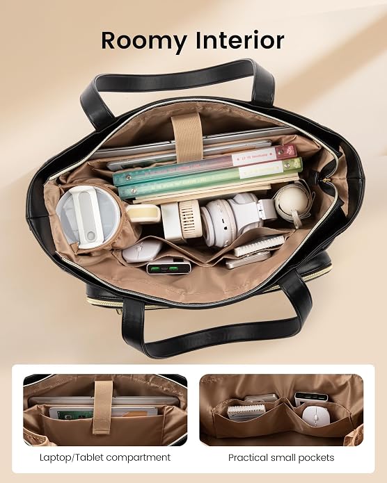 LOVEVOOK Teacher Tote Bag with Accordion File Pocket, Soft PU Leather Work Briefcase Quilted Laptop Bag with Large Cup Holder