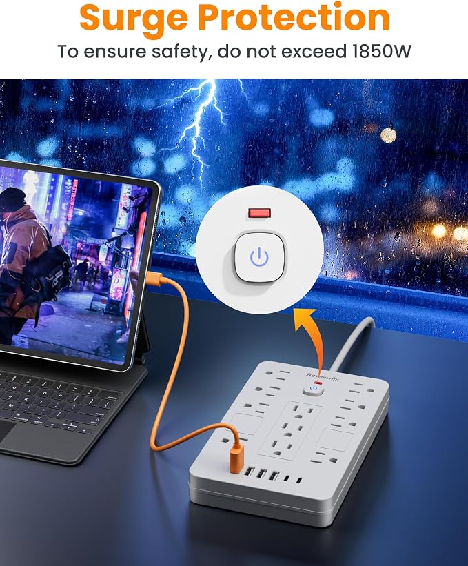 Surge Protector Power Strip - 11 Outlets(1850W/15A/14AWG) with 6 USB Ports(2 USB C), 10FT Flat Plug Extension Cord, Wall Mount, White, ETL Listed for Home, Dorm Room