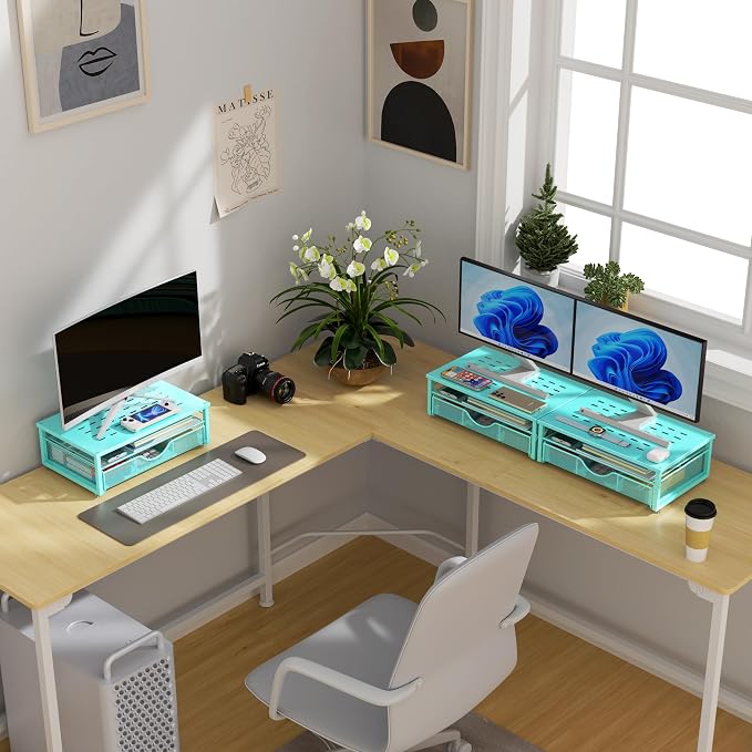 gianotter Computer Monitor Stand Riser, office organizer with Drawer, Office Organizers Storage for Classroom Office Supplies (Blue)