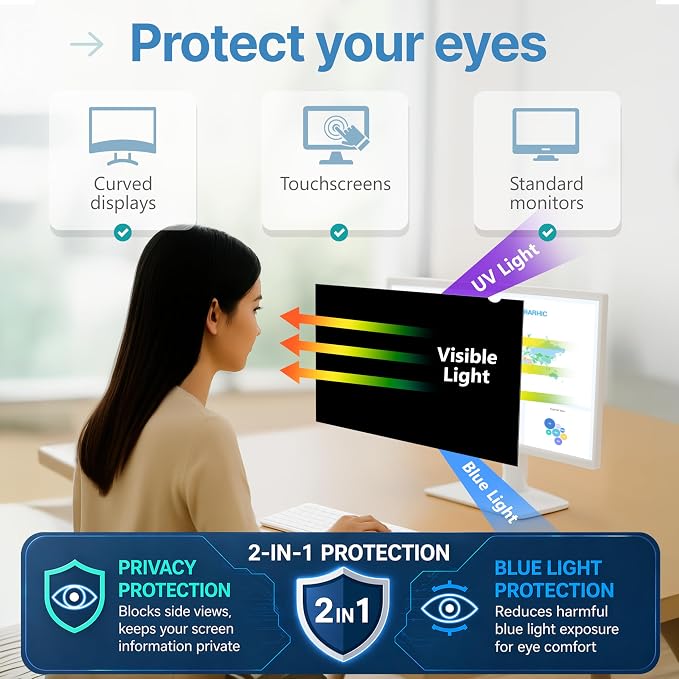 VINTEZ 22 Inch 16:10 Privacy Screen for Computer Monitor and Laptop - Anti Glare Protector Film Blue Light Filter Eye Protection - Computer Screen Privacy Shield, [1 Pack]