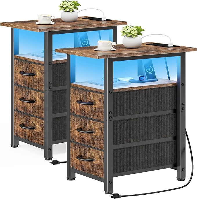 Vagusicc Set of 2 Nightstand with Charging Station and LED Lights, Narrow End Table, LED Nightstand with 3 Fabric Drawers for Bedroom, Narrow Side Table, Slim Sofa Side Table for Small Spaces, Brown