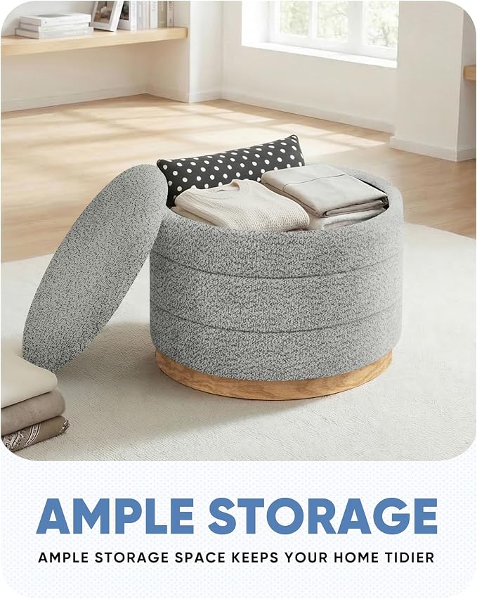 B FSOBEIIALEO Round Storage Ottoman with Tray, Folding Ottoman with Storage Coffee Table Foot Rest for Dorm Room Living Room Chenille Fabric,Grey,22.83"x22.83"x17.35"
