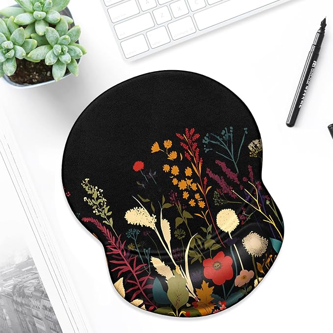ITNRSIIET Ergonomic Mouse Pad with Gel Wrist Support Small Wrist Rest Smooth Surface Non-Slip PU Base Comfortable Office Supplies Pain Relief, 8.7 x 7.2 inches, Pretty Flowers Plants
