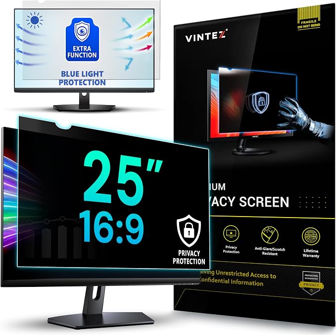 VINTEZ 25 Inch 16:9 Privacy Screen for Computer Monitor and Laptop - Anti Glare Protector Film Blue Light Filter Eye Protection - Computer Screen Privacy Shield, [1 Pack]