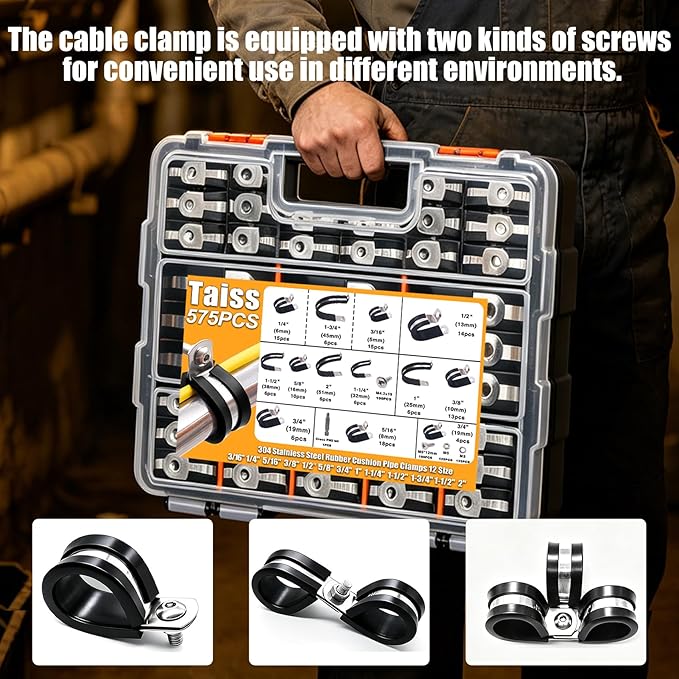 Taiss 575PCS Cable Clamps Assortment Kit 304 Stainless Steel Rubber Cushion Pipe Clamps 12 Sizes P Clamp 3/16"1/4"5/16" 3/8"1/2"5/8"3/4"1"1-1/4"1-1/2"1-3/4"2" Wire Clamp With screws and washer & bit