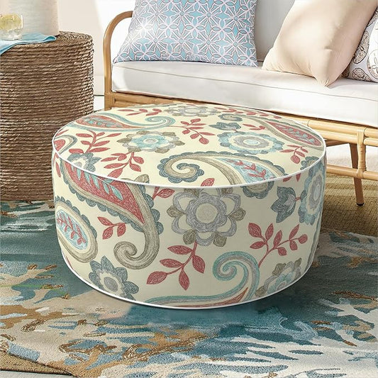 DYTXIII Inflatable Ottoman Stool D21 xH9 for Outdoor/Indoor Use, Water Repellent Patio Foot Rest with Portable Handle,Round Pouf Ottoman Suitable for Garden,Deck and Camping-Paisley Vintage