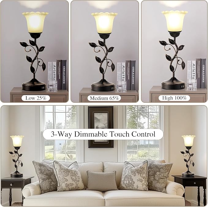 Set of 2 Touch Bedside Vintage Lamps with 2 USB Ports, 3-Way Dimmable Flower Lamps, White Glass Shade Rustic Leaf Lamp for Bedroom Side Table, LED Bulb Included
