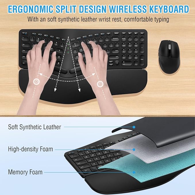 Ergonomic Wireless Keyboard Mouse Combo, EDJO Bluetooth/2.4G Dual Channel, Split Design, Soft Foam Palm Rest, 4 Level DPI Adjustable Wireless Mouse, Rechargeable, for Windows/Mac/Android（Black）