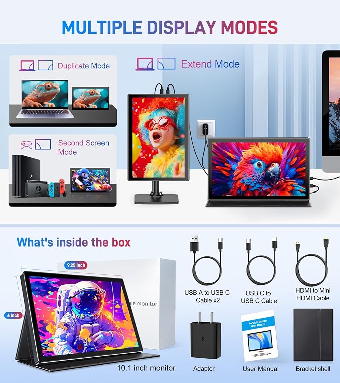 10.1 Portable Touchscreen Monitor - 1920×1200 FHD IPS 16:10,100% sRGB 1500:1,10-Point Touch Diaplay with Speaker HDMI USB-C VESA Magnetic Case for Travel Mac PC Xbox PS4/5 Loptop Phone(black dark)