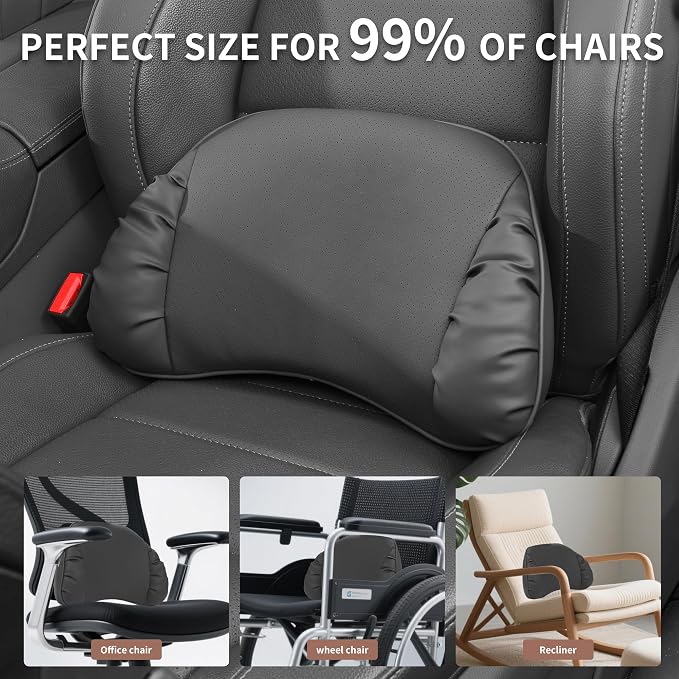Lumbar Support Pillow for Car Seat, Memory Foam Leather Lumbar Pillow for Lower Back Pain Relief - Back Cushion for Driving - Chair Support for Office Chair, Gaming Chair, Black, 1 Pack