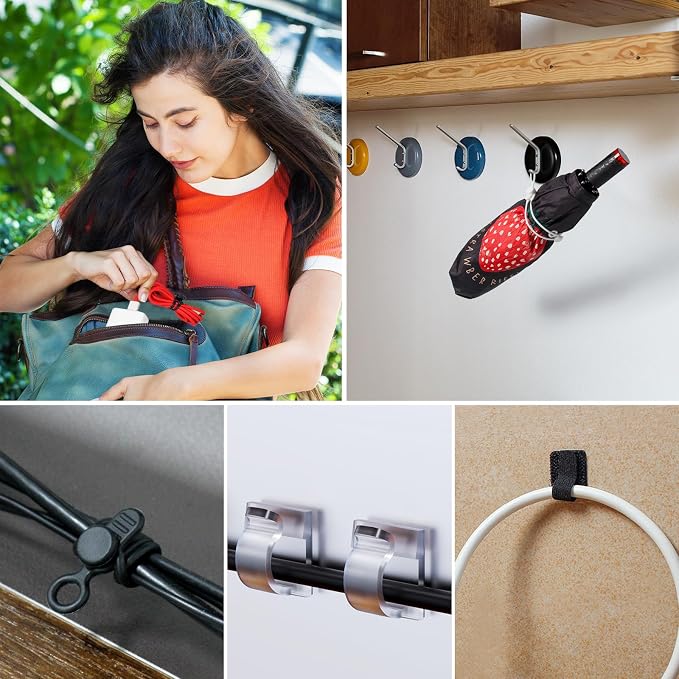 48Pcs Cord Organizer Kit, Reusable Elastic Silicone Cable Ties, Strong Adhesive Cable Clips for Cable Management, Multipurpose Wire Management for Bundling and Fastening Various Wires (Black）