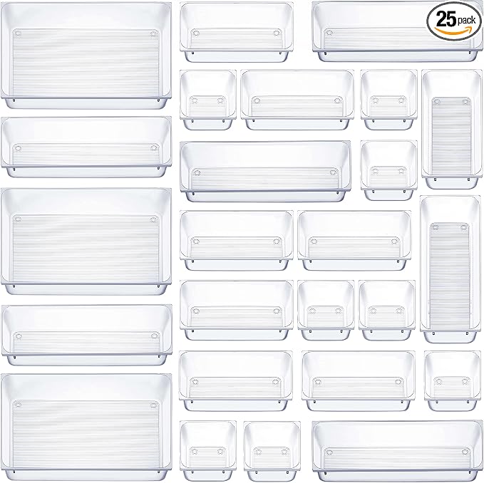 Seseno 25 PCS Clear Plastic Drawer Organizers Set, 4-Size Versatile Bathroom and Vanity Drawer Organizer Trays, Storage Bins for Makeup, Bedroom, Kitchen Gadgets Utensils and Office Accessories