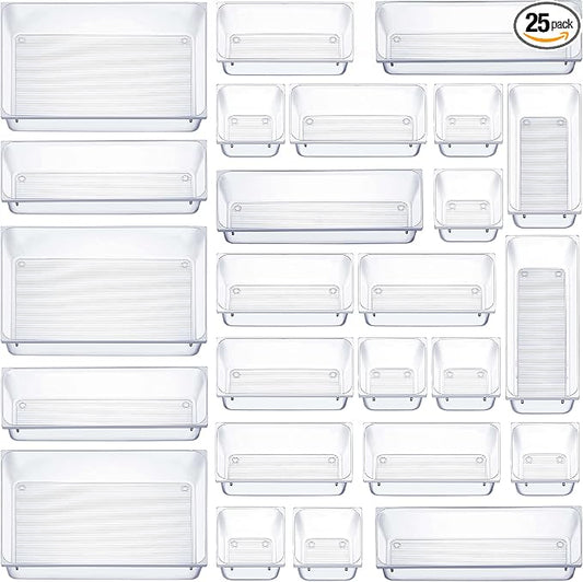 Seseno 25 PCS Clear Plastic Drawer Organizers Set, 4-Size Versatile Bathroom and Vanity Drawer Organizer Trays, Storage Bins for Makeup, Bedroom, Kitchen Gadgets Utensils and Office Accessories