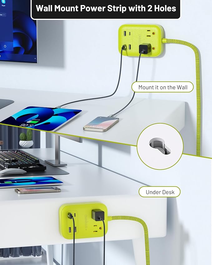 USB Surge Bar 2 Power Strip, with 2 Outlets 4 USB Ports (1 USB C), Multi Plug Outlet Extender with 6Ft Braided Extension Cord, 1700 Joules, Flat Plug Desk USB Charging Station for Home Office