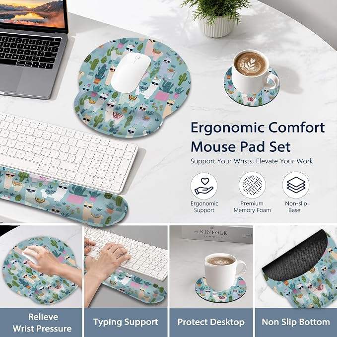 Cute Alpacas Ergonomic Keyboard and Mouse Wrist Rest Set, Cacti Mouse Pad with Non Slip Base, Soft Cloth Surface for Office and Home Typing Support