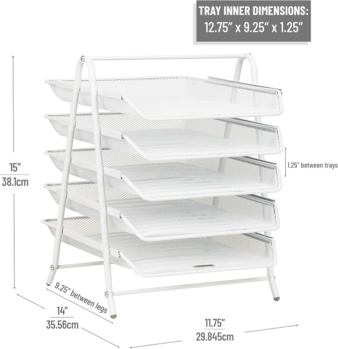 Mind Reader 5-Tier Paper Tray Organizer, Vertical Desktop File Storage Rack, Office, Metal Mesh, White
