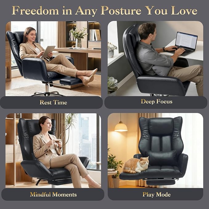 High Back Executive Office Chair with Footrest, Reclining PU Leather, Lumbar Support, Criss Cross Style, 155° Recline, Black (Black)
