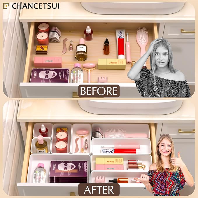 9 Pcs Stackable Drawer Organizer Trays Set, Multifunctional Stackable Storage Trays for Vanity, Bathroom, Kitchen, Desk Drawer Organizer Office. Plastic Drawer Organizers Available In 5 Colours, White