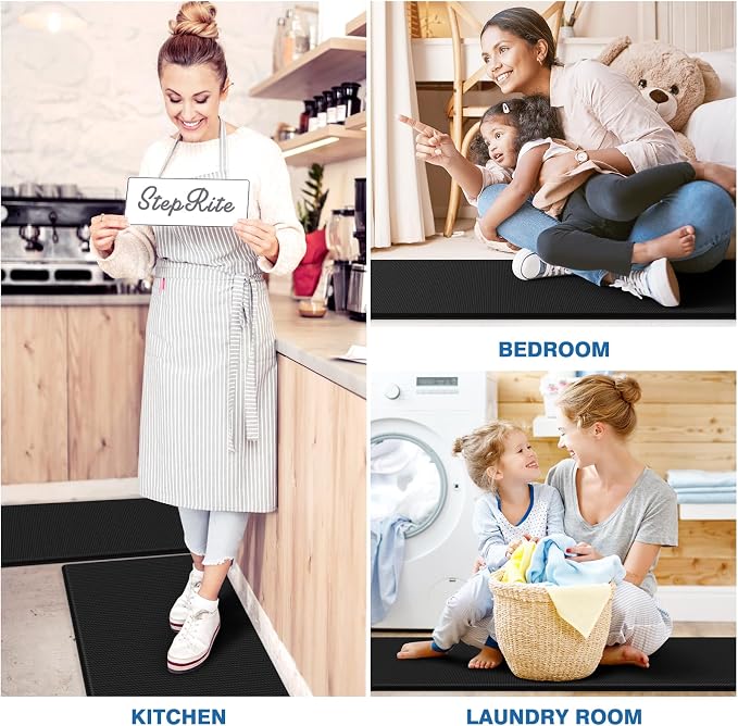 StepRite Kitchen Mats, 2PCS Kitchen Rugs, Cushioned Anti Fatigue Kitchen Mats for Floor, Non-Slip Standing Desk Mat, Waterproof Kitchen Rug Set for Kitchen, 20" x 32"+20" x 48"-0.47 inch Thick, Black