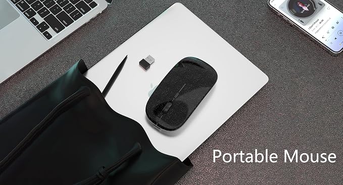 AIKOKOK Wireless Bluetooth Mouse, Rechargeable, Dual Mode Bluetooth 5.2 & 2.4G USB, LED Lights, Slim, Silent, Portable Computer Mouse for Laptop, PC, MacBook, iPad, Tablet (Bright Black)