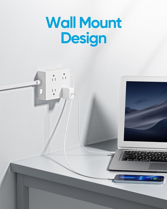 Surge Protector Power Strip 15 ft Cord, Olcorife Ultra Thin Flat Plug Extension Cord, 8 Outlets 4 USB Ports(1 USB C), Flat Plug Outlet Extender, College Dorm Room Essentials, White