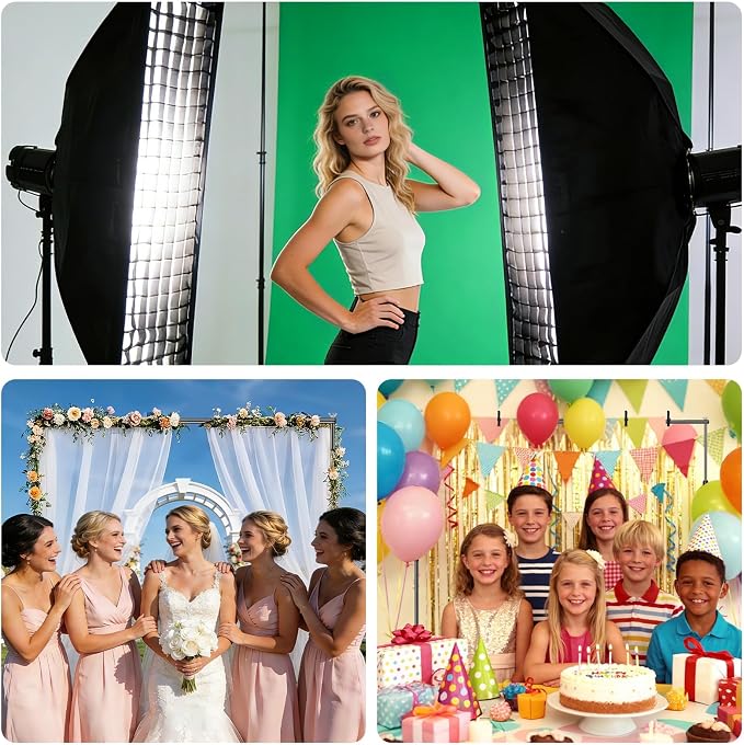 Green Screen Backdrop Kit, 8x10ft Metal Base Photo Studio Support System, Adjustable Backdrop Frame for Photography, Streaming, Weddings, Projector Screen, Tool-Free Setup & Portable Carry Bag