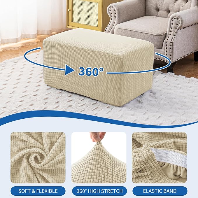 Ottoman Covers Ottoman Slipcovers Folding Storage Stool Washable Furniture Protector,Elastic Foot Stool Foot Rest Protector for Living Room Bedroom,Large,Beige Yellow