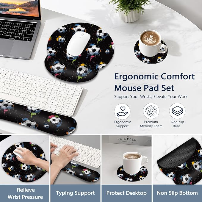 Soccer Keyboard Wrist Rest Pad Ergonomic Mouse Pad Set,3 in 1 Memory Foam Mouse Pad with Non Slip Base for Office and Home