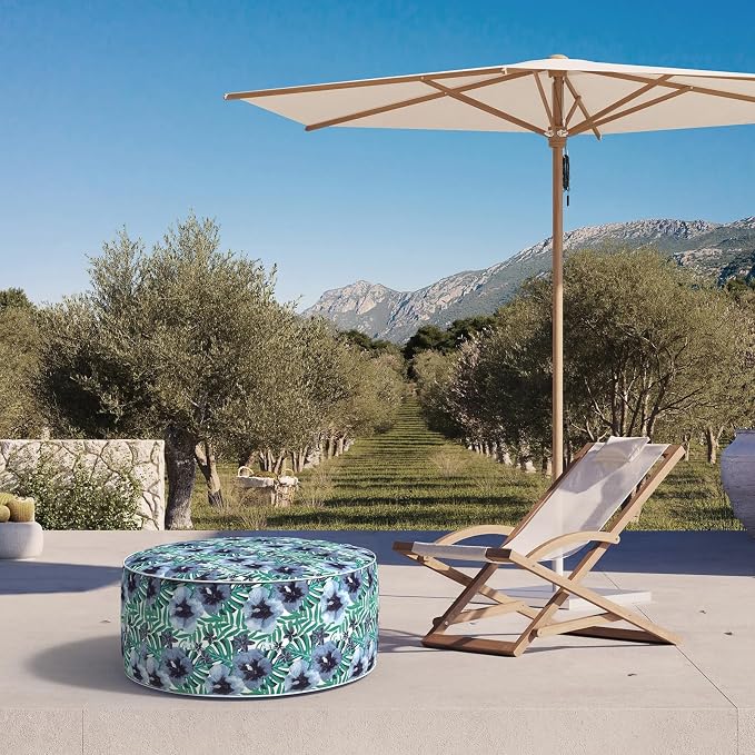 DYTXIII Inflatable Ottoman Stool D31 xH14 for Outdoor/Indoor Use, Water Repellent Patio Foot Rest with Portable Handle,Round Pouf Ottoman Suitable for Garden,Deck and Camping - Blue Salmone Tropical