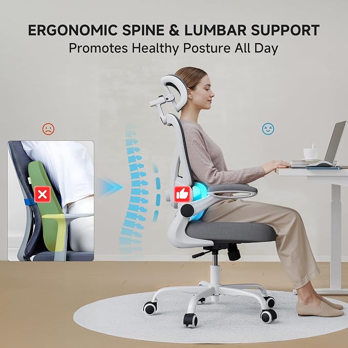 Ergonomic Office Chair, 330LBS Desk Chair with 3-Level Lumbar Support & Headrest, Breathable Mesh Backrest, Flip-Up Armrests for Home Office and Gaming, White