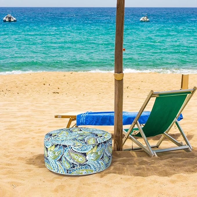 DYTXIII Inflatable Ottoman Stool D21 xH9 for Outdoor/Indoor Use, Water Repellent Patio Foot Rest with Portable Handle,Round Pouf Ottoman Suitable for Garden,Deck and Camping - Paisley Lapis Green