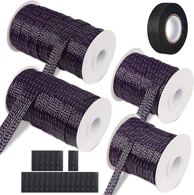 132 ft Expandable Braided Cable Sleeve Wire Loom PET Wiring Sleeving, Mesh Automotive Split Sheathing Wrap Management Heat Shrink for Audio and Other Home Device (1/2 in, 1/4 in, 3/8 in,3/4 in,Purple)