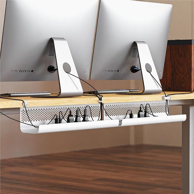 KHAMAL Cable Management Under Desk 52PCS - Cable Management Tray Kit Ventilated Hexagonal Design with Cable Clips, Wire Ties, Cord Holder & Screws for Office, Home - 4 White Sets