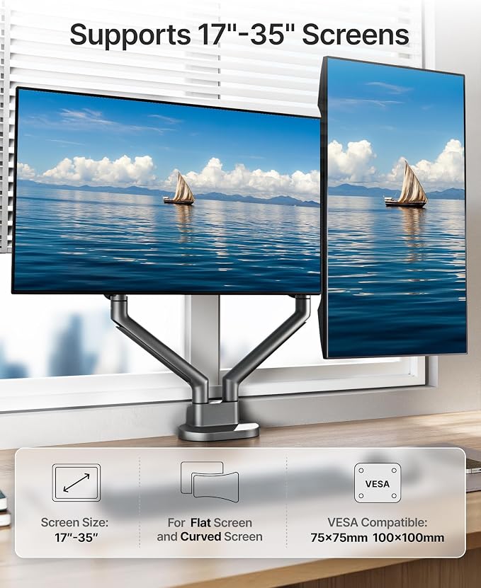 monTEK Dual Monitor Stand for 2 Screens 17 to 35 Inch, Heavy Duty Monitor Mount Arm, VESA Mount Desk Stand with C-Clamp/Grommet Base, Holds up to 24.3 lbs Per Arm, VESA 75/100mm, Gray
