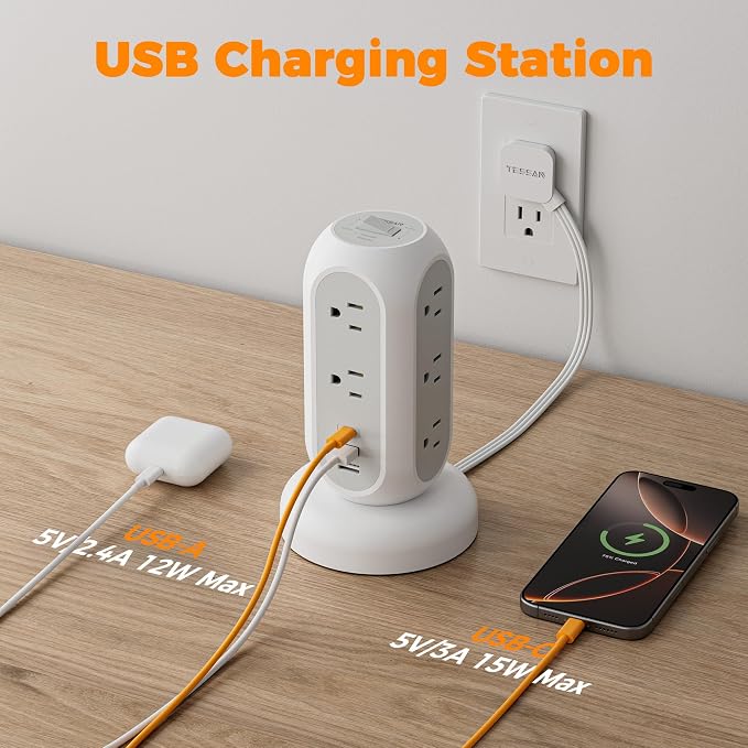 TESSAN Tower Power Strip Flat Plug with 11 Outlets 3 USB (1 USB C), Surge Protector Tower 1625W/13A,1050J Protection, 5 Ft Retractable Extension Cord with Multiple Outlets, Office Desk Supplies, Grey