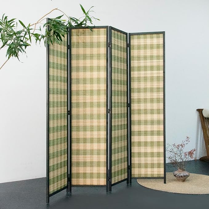 Furnnylane 4 Panel Bamboo Room Divider - 5.6 ft Tall (67" H x 63" W), Double-Sided Folding Privacy Screen in Green Woven Stripe, No-Drill Freestanding Partition for Home Office & Bedroom