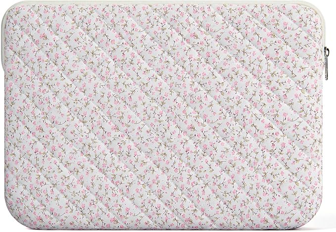 13-14 inch Cotton Quilted Laptop Sleeve for Women, Aesthetic Puffy Laptop Case Carrying Bag Compatible with MacBook Air/Pro 13/Pro 14, Soft Computer Liner Bag (Pink Floral, 13.3 inch)